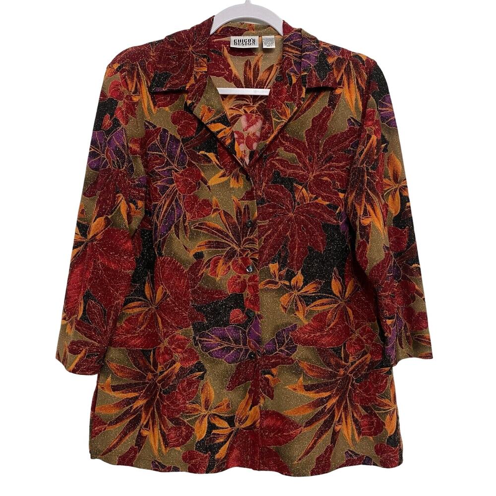 Chico's Design Woman's Sz 1 Orange Red Purple Floral Print Women's Blazer Jacket